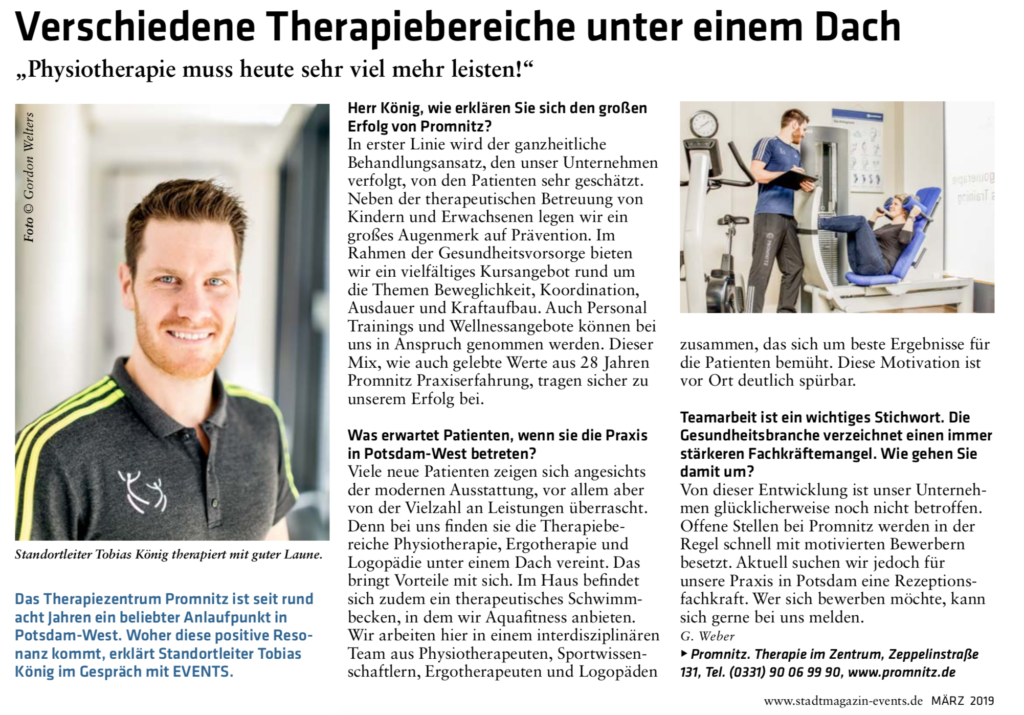 Presseanzeige Therapiezentrum PROMNITZ Potsdam
