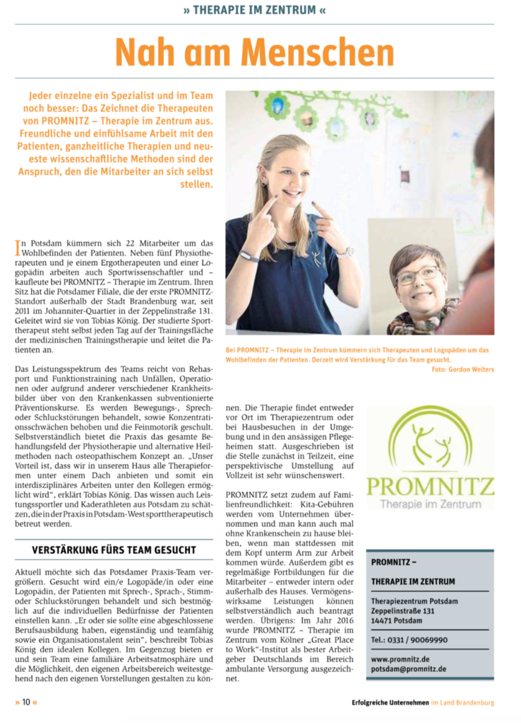 Presseanzeige Logopädie PROMNITZ Potsdam Blickpunkt November 2018