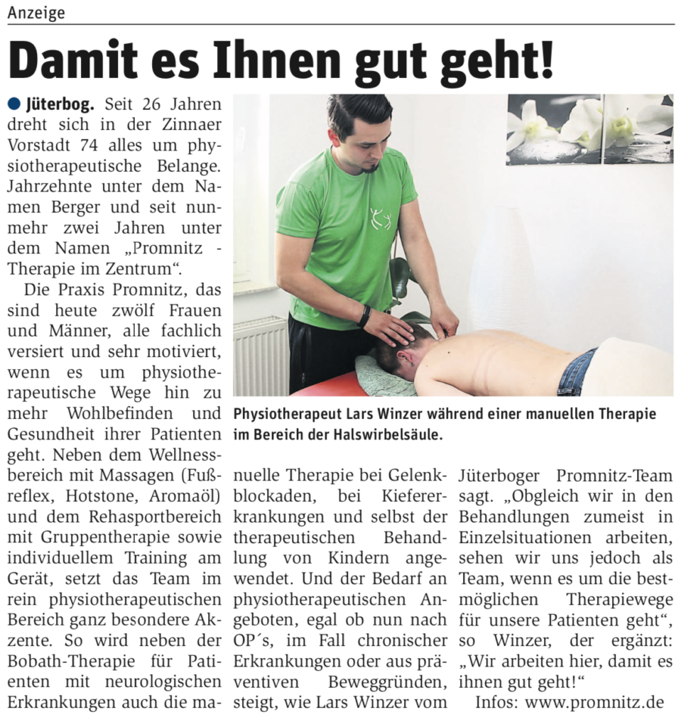 Presseanzeige Damit es Ihnen gut geht! Physiotherapie PROMNITZ Jüterbog